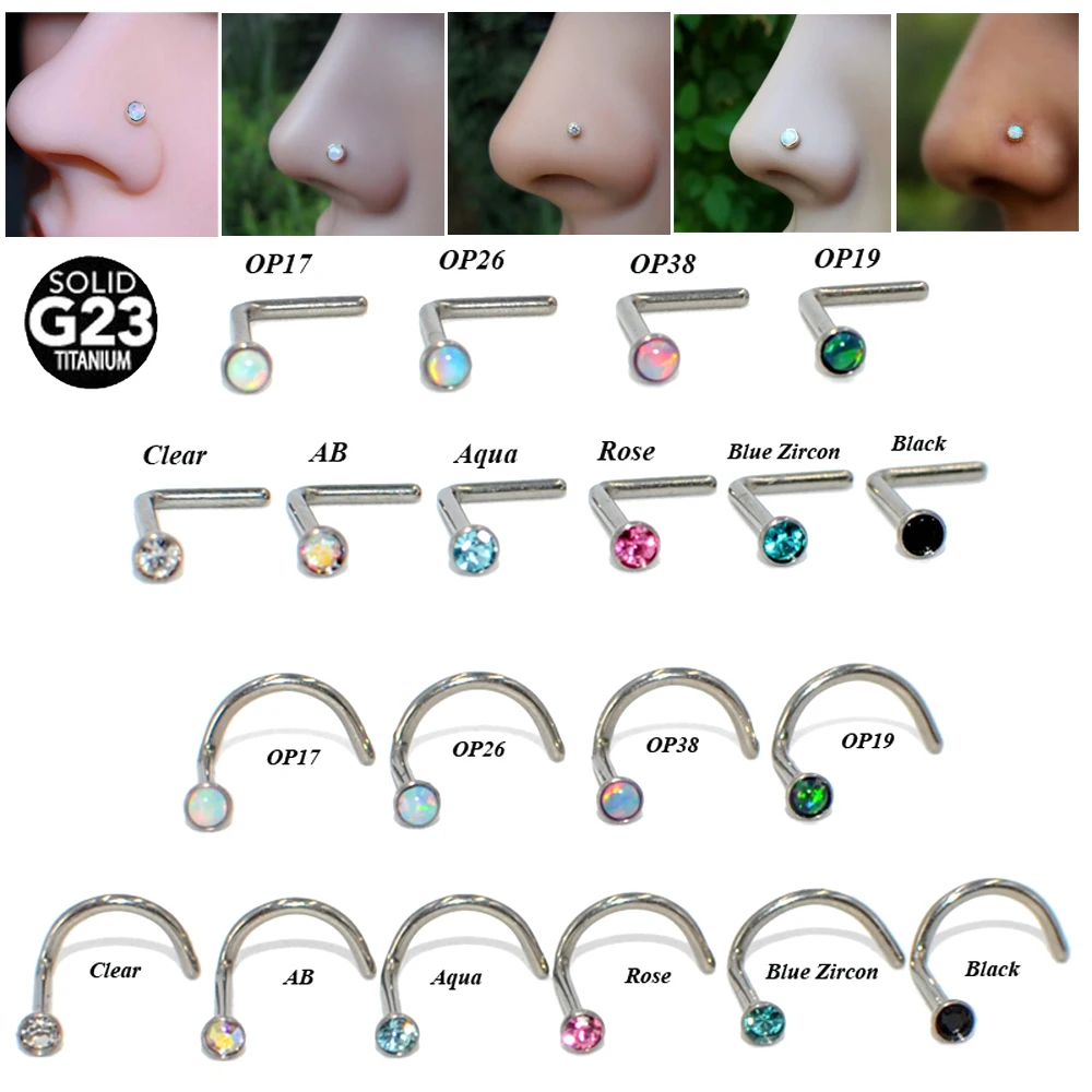 

2PCS G23 Titanium Opal CZ Gem Curved Screw Nose Pin Stud Ring L Shape Crystal Opal Nose Bone Ring Fashion Body Piercing Jewelry