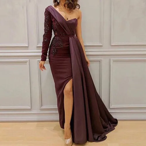 Robe De Soiree элегантное вечернее платье длинный с открытым плечом с бисером с разрезом классический выходной вечерний халат Асимметричный халат Soriee - Цвет: as pic