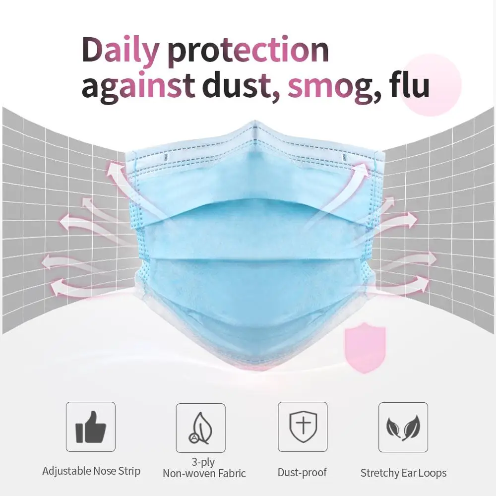 

Disposable Mask 100PC Anti-pollution Mask Fabric Non-woven Dustproof Health Care Mask Blue Adult Unisex Protection