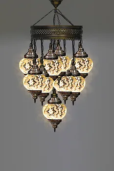 

White 9 Ball Turkish Handmade Mosaic Chandelier, turkish mosaic, multicolor mosaic chandelier,