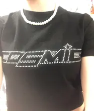 Las mujeres de verano de manga corta/Top sin mangas de perforación en caliente de diamantes de imitación cósmica cartas camisetas ombligo ropa casual de fiesta