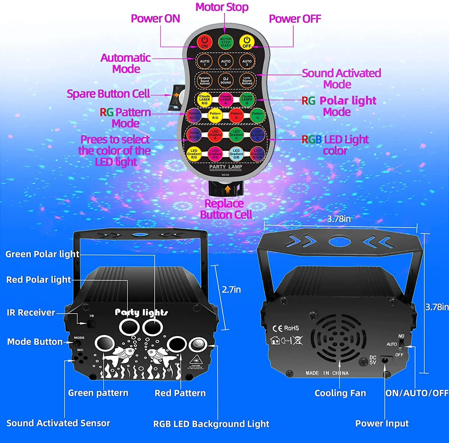 Atotalof Dj Laser Party Light Northern Lights USB Strobe Laser Lights 60in1 Pattern for Club Christmas Birthday Stage Projector