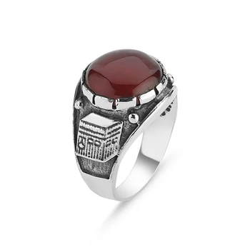

Silver 925 Sterling Kaaba and Motif Oxidized Agate Stone Men Ring