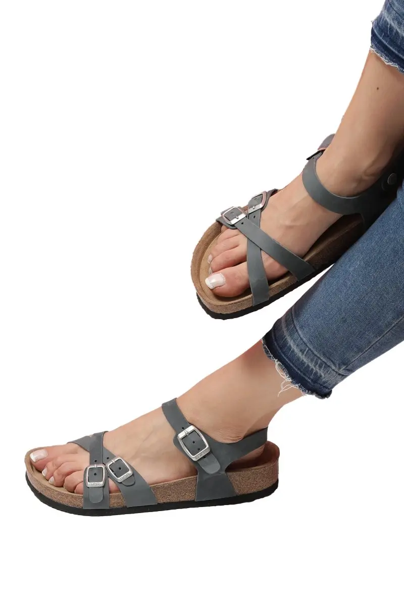 

PANDORA Navy Blue Thong Sandals Anatomical Natural Cork Sole Real Leather Women Ankle Strap Sandals