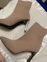 Aphixta-Botas de tacón de hoja de Metal para mujer, Botines de tacón de aguja, de tela elástica, puntiagudas