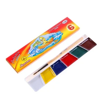 

A set of honey watercolor paints gamma "cartoons" in a cardboard package with a brush, 6 colors