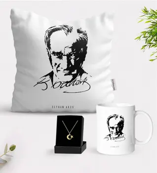 

Personalized Ataturk Themed Mug Pillow Moon Stars Pendant Gift Seti-13