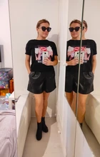 2020 Winter New Women Orange Color PU Bermuda Shorts Faux Leather Belted Shorts