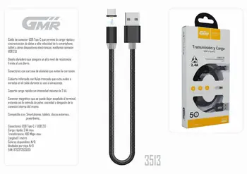 

Cable USB-C Carga Rápida 2.4A 100cm Nylon Trenzado Conector Magnético Extraíble