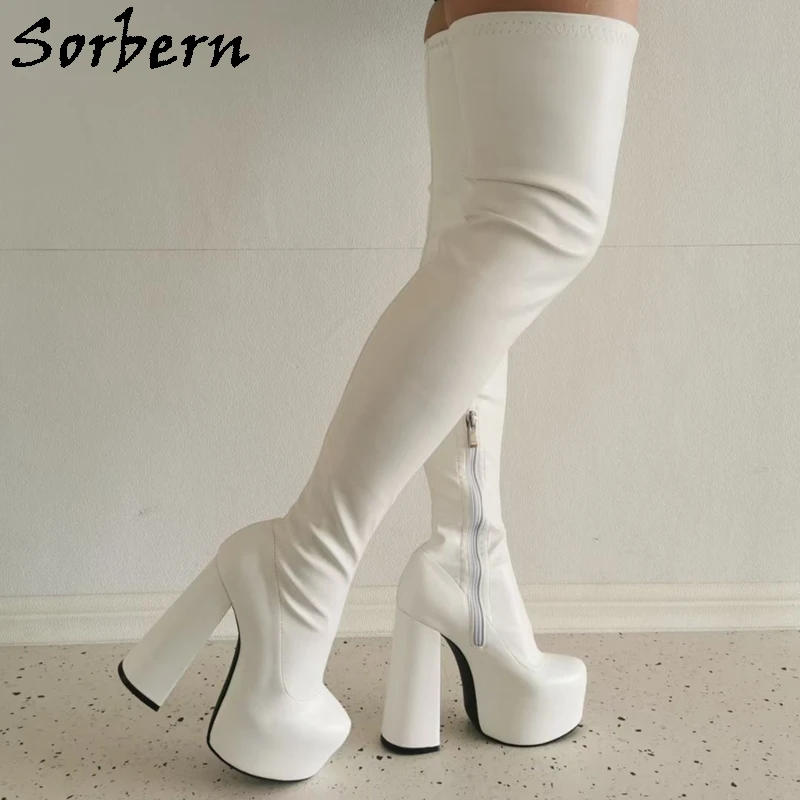 

Sorbern White Slim Fit Women Boots Block Heel Round Toe Thick Platfotm Boots Ladies Shoes With Heels Customized Size Eu33-48