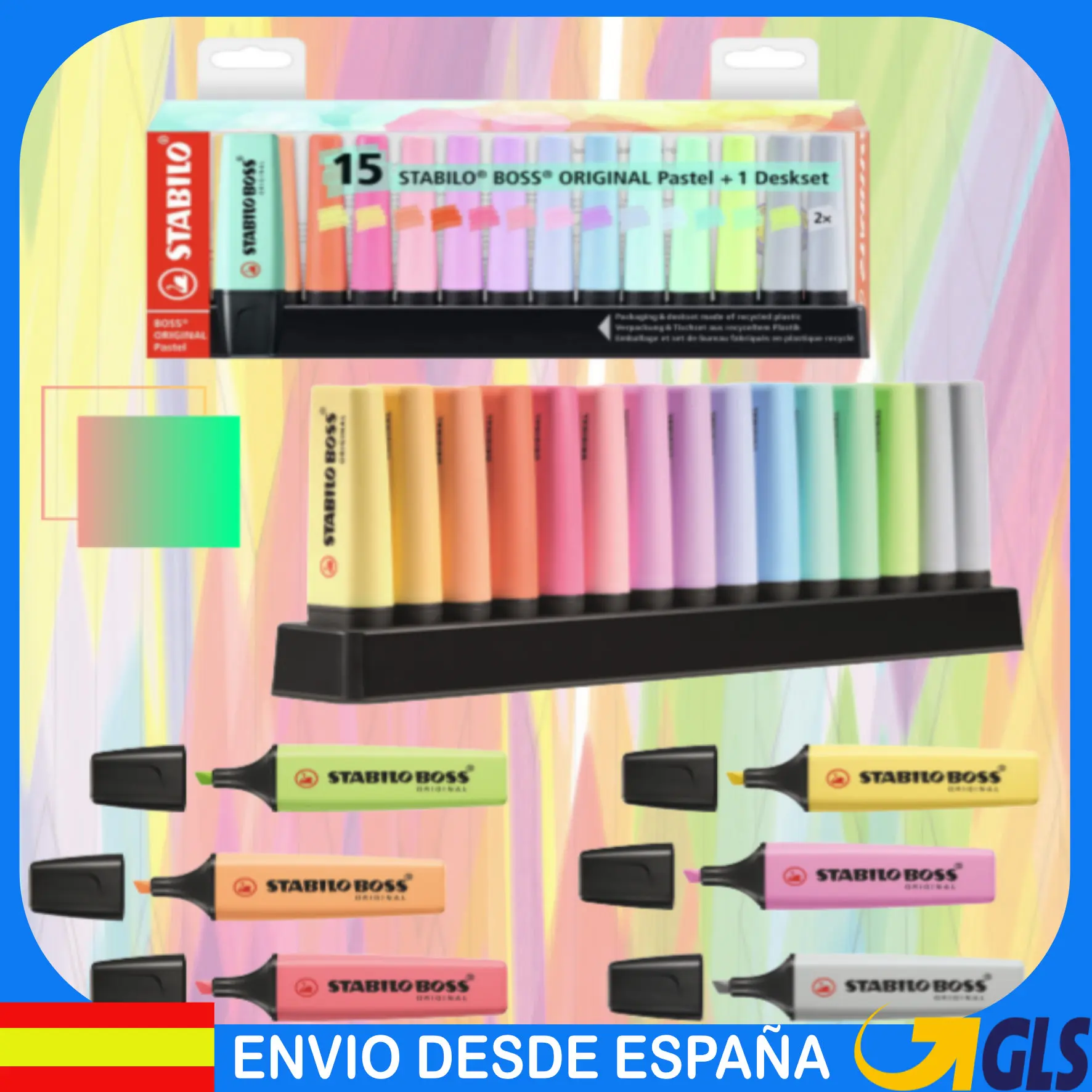 STABILO BOSS Original Fluorescent and Pastel Highlighters – Deskset of 15  Assorted Colours