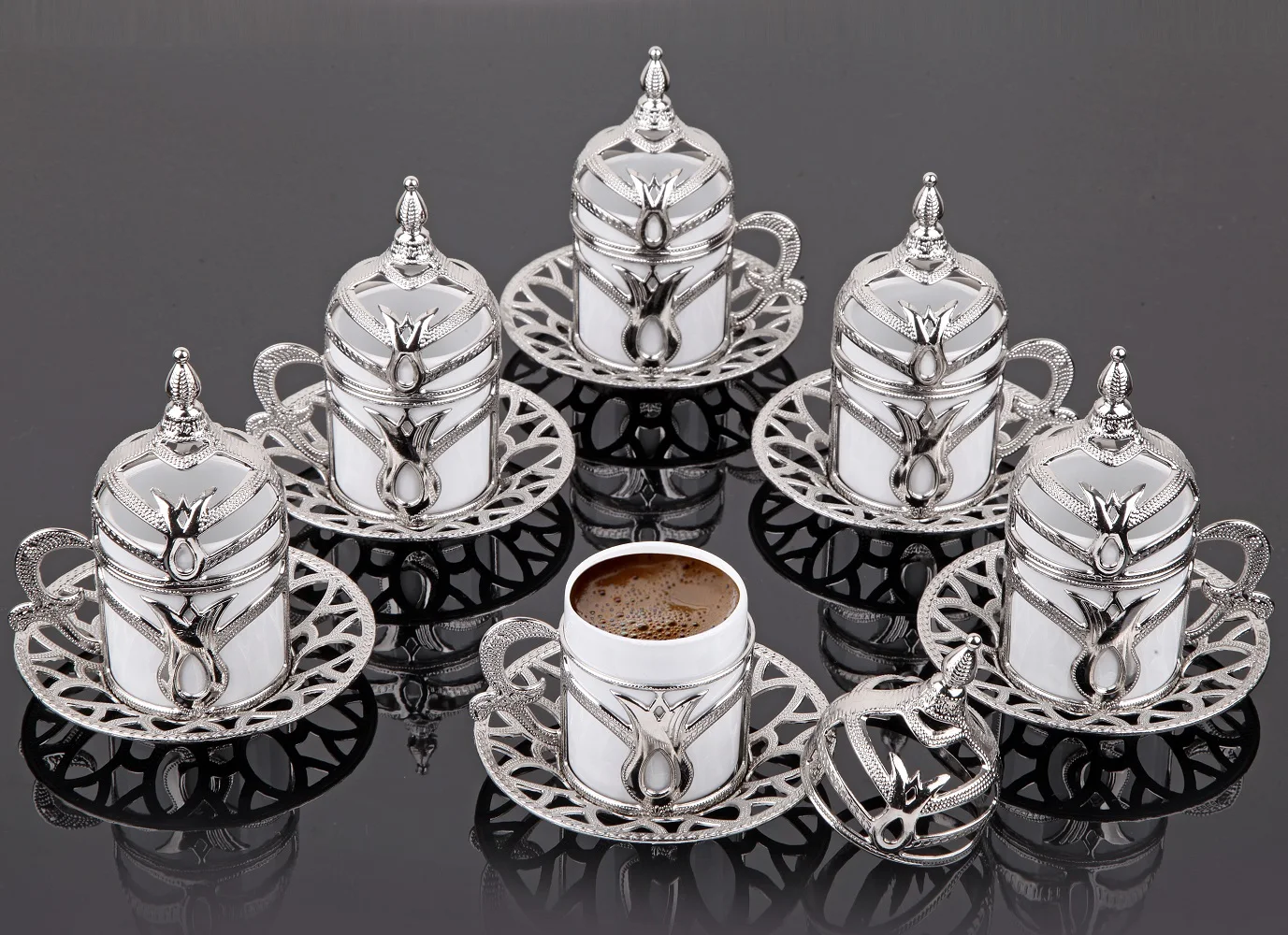 

Turkish Coffee Set - Silver Color - White Cups