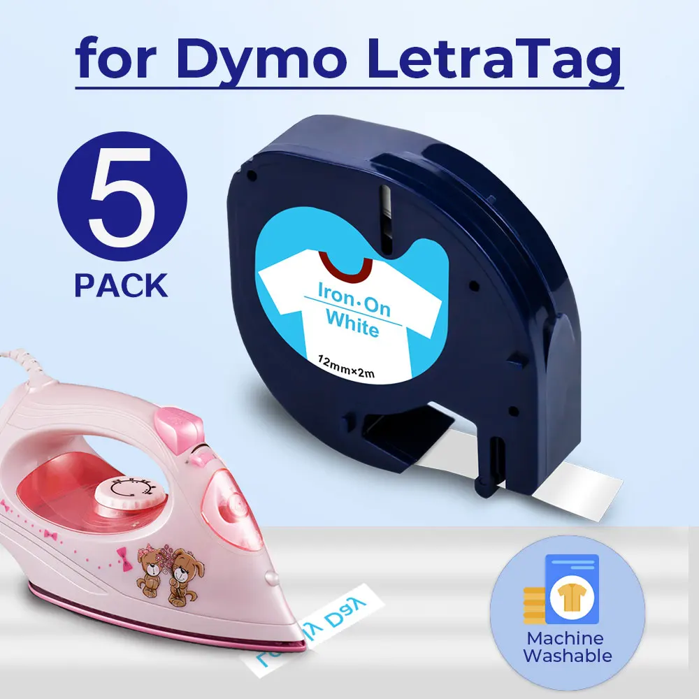 5pk Iron On Fabric Label Tape Replace Dymo Tape 18773 Blue On White