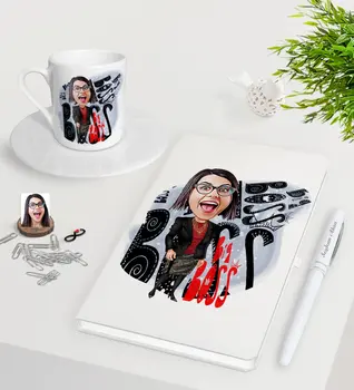 

Personalized Women 'S Big Boss Caricature Of White Notebook Pen Turkish Coffee Cup Seti-3