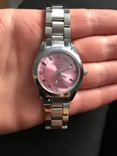 CHRONOS-Reloj de acero inoxidable con diamantes de imitación para mujer, pulsera de plata, cuarzo, resistente al agua, analógico, de negocios, esfera rosa y azul