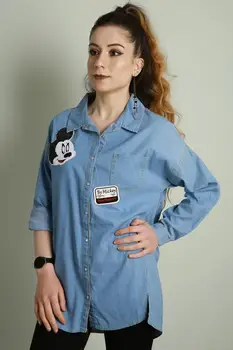 

Women Mickey Mouse Printed Snaps-Pocket Denim Shirt
