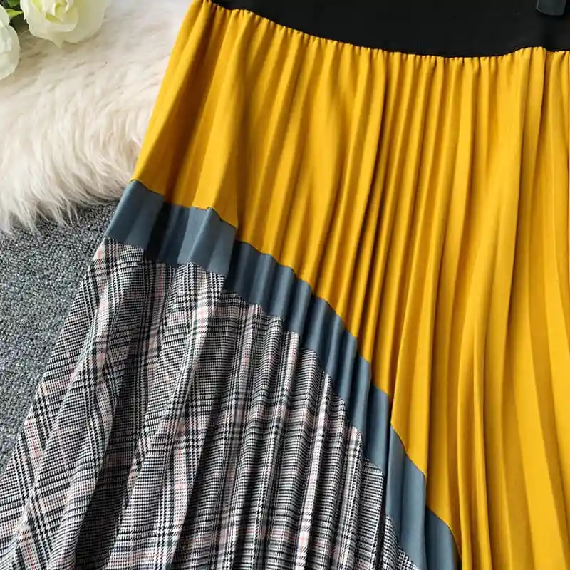autumn Plaid High Waist Vintage Long Skirt Autumn Winter Bottoms Long Skirts A-line Patchwork Panelled Pleated Skirts