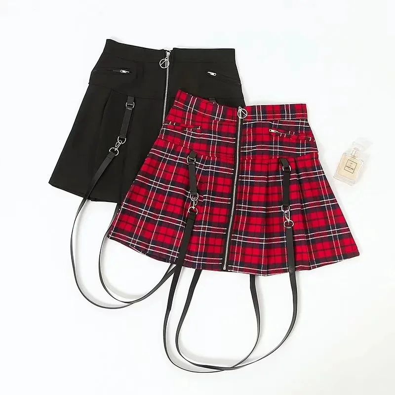 39D Harajuku в стиле панк плед асимметричные юбки Для женщин Асимметричная с высокой талией плиссе Девушки Готический половину модная юбка с