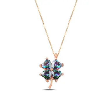 

Angemiel 925 Silver Mystic Topaz Zircon Clover Necklace-Rose Gold Plated