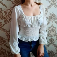 Short Blouses Womens Tops Long-Sleeve Vintage Square-Collar Casual Simple New Bow Solid