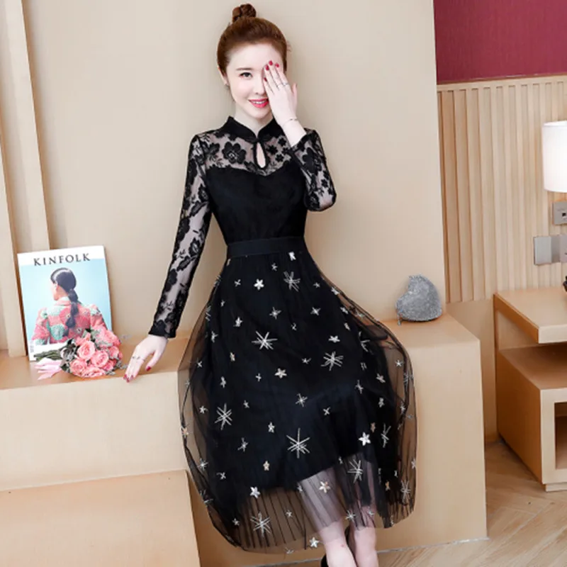 Kanten Jurk 2020 Lente Nieuwe Mode Stand-Up Kraag Lange Mouwen Kant Stiksels Was Dun Temperament Jurk