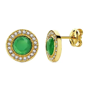 

18k gold earrings circulate green stone and zirconia 9mm. [AB3100]