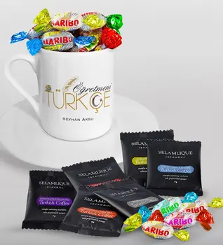 

Personalized Turkish Öğretmeni Turkish coffee Cup Selamlique Mixed Turkish Coffee House and Haribo Candy Gift Set