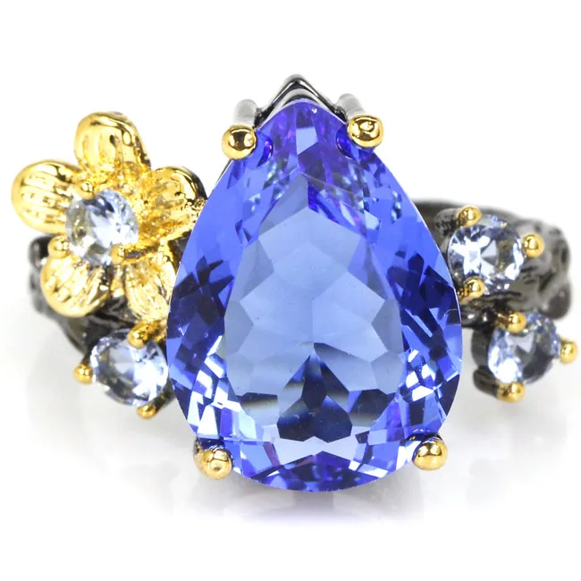 

24x16mm Sublime Antique Vintage Created Violet Tanzanite Gift For Girls Black Gold Silver Rings