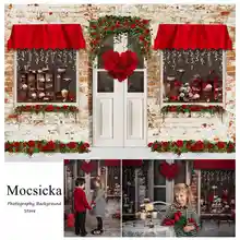 

Mocsicka Valentine's Day Backdrop Red Rose Love Heart Dessert Shop Brick Wall Wedding Background Photography Photocall Decorate