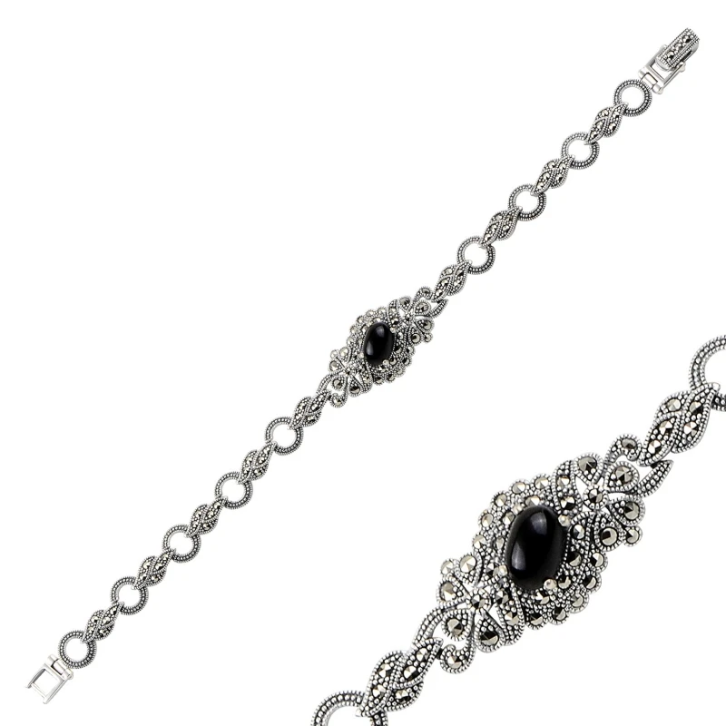 Серебряный 925 пробы Браслет из марказита и натурального камня