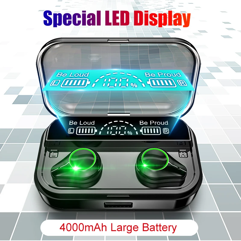 Tws Wireless Bluetooth Earphone Be Loud Be Proud Led Stereo Headsets