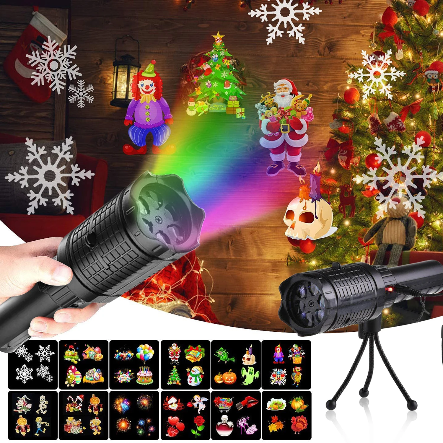 USB Rechargeable Flashlight Christmas Projection Decoration Lamp 12 Pattern Handheld Window Projector | Освещение