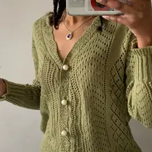 Chaqueta corta de las mujeres primavera hueco elegante cuello en V coreano Vintage mujer jersey blanco dulce chicas perlas ropa de punto de mujer