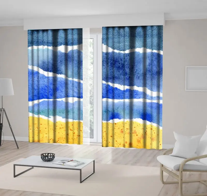 Abstract Waves Sea Ocean and Standy Beach Summer Days Watercolor Artwork Printed Blue Yellow Curtain