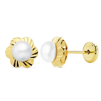 

Earrings 18k gold flower carved 7mm. Center cultured pearl [AC0931]