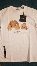 Palm Angels caqui de dibujos animados oso hombres amantes de las mujeres modelos de pareja de moda de algodón pantalón corto Casual manga T-camisa de cuello redondo