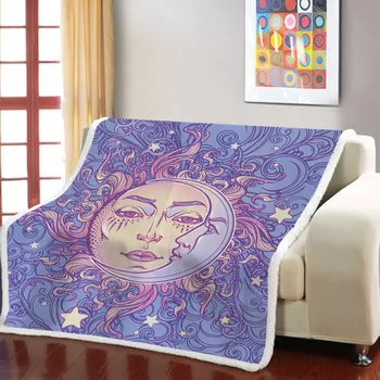 

3D Print Psychedelic Bohemian Sherpa Blanket Sun Goddess Throw Blanket Mandala Human Face Fleece Blanket Home Weighted Blanket
