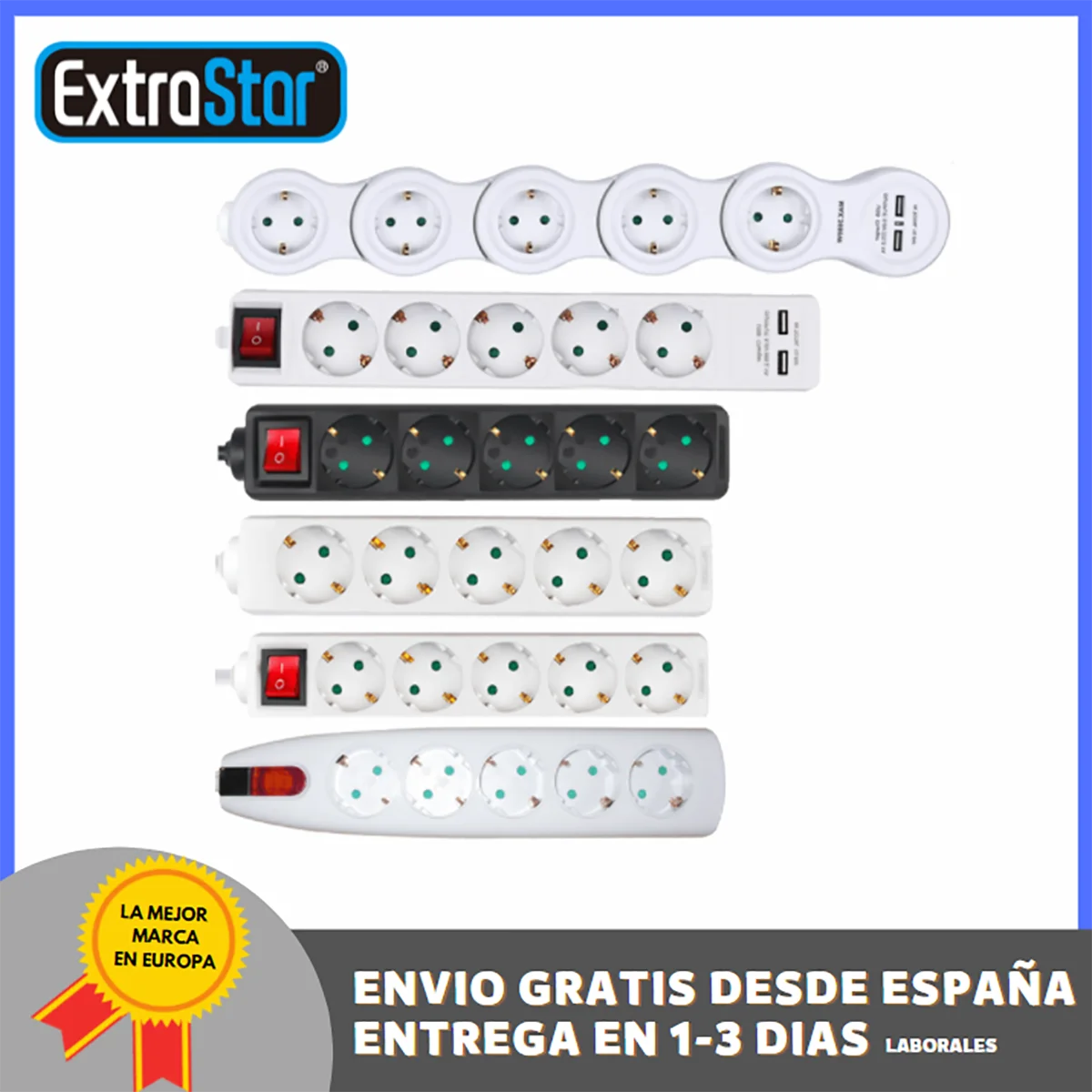 Regleta Enchufes con 5 Tomas (16A/3680W), USB (2,4A/5V), Alargador Enchufe USB con 1,5M Cable