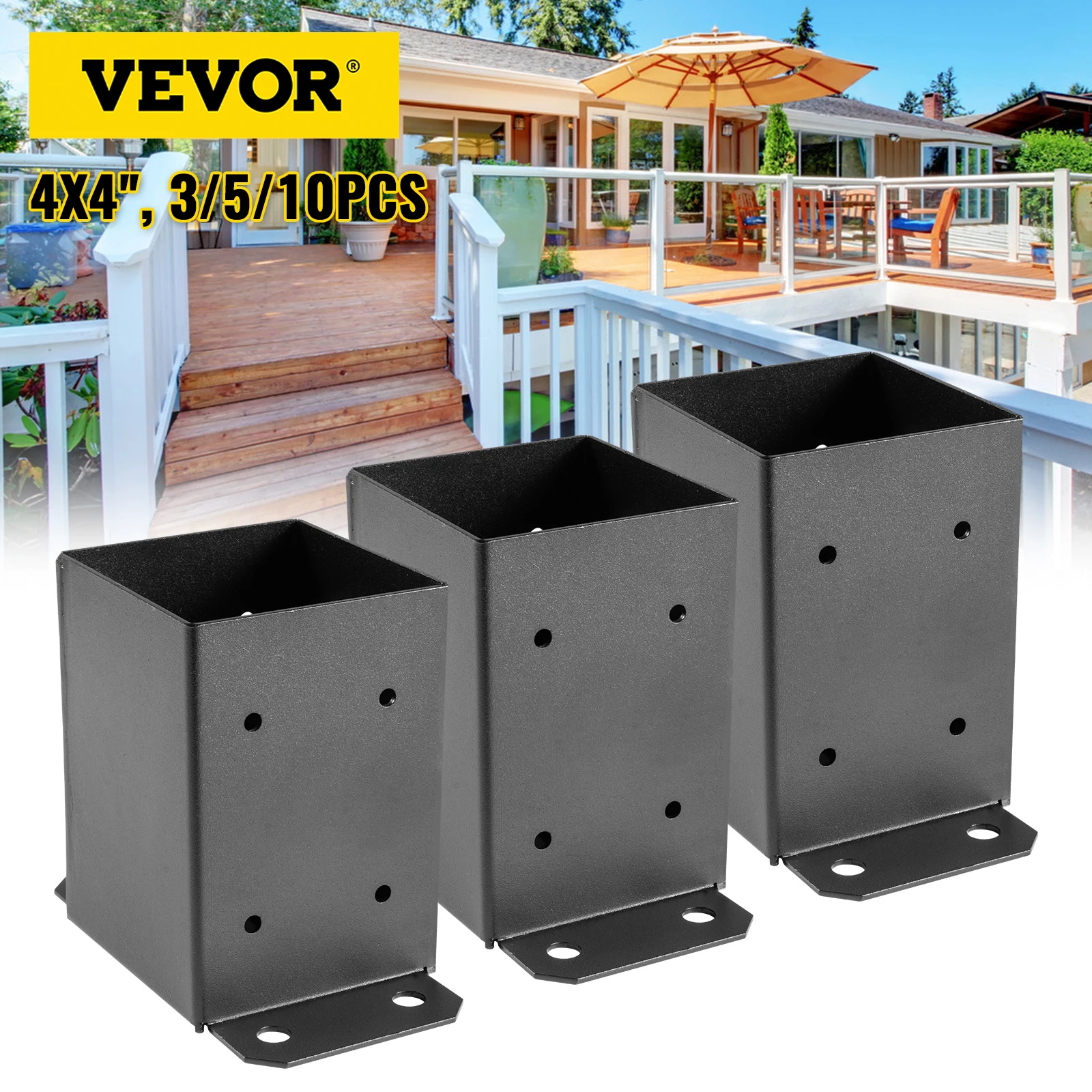 VEVOR 3.6×3.6 Inch Fence Post Base Mount 3 5 10 Pcs Concrete Deck Post Anchor Powder Coated 2.5 Lbs With 26 Self-tapping Screws