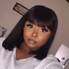 Peluca de Bob corto recta de máquina completa con flequillo negro Natural brasileño Remy pelucas de cabello humano 150% densidad media Ratio Bob peluca
