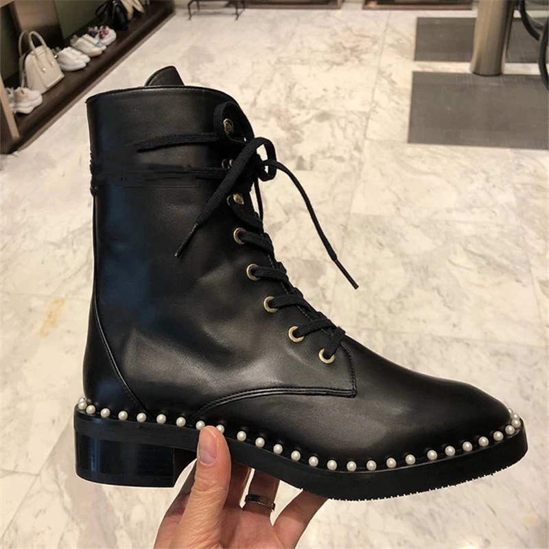 

Lace Up Women Boots Pearls Design Autumn Winter Shoes Woman Black Mortorcycle Ankle Booties Cross-tied Botas Mujer Invierno 2019