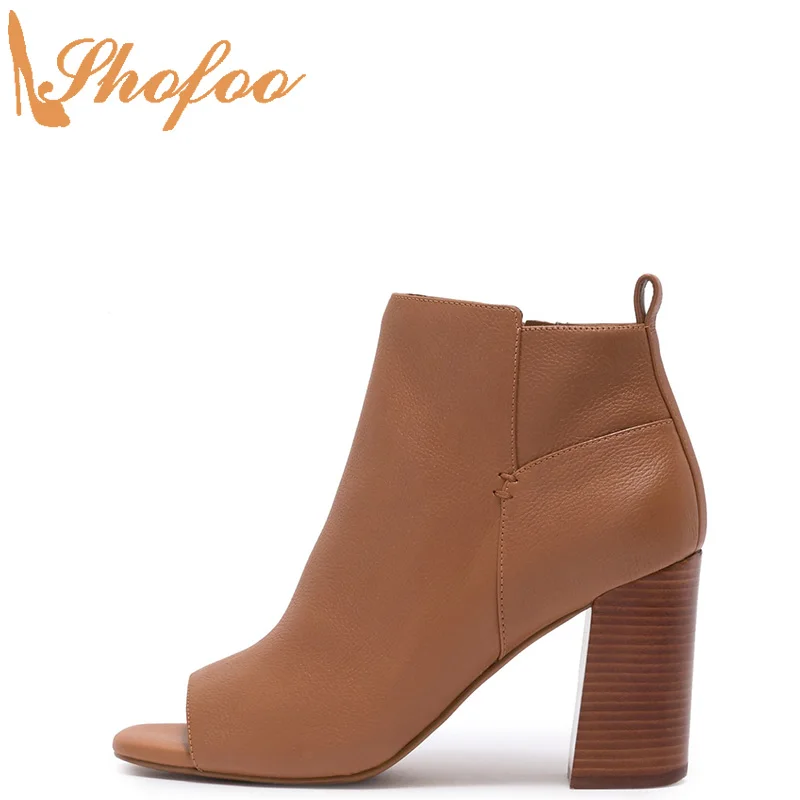 

Brown Ankle Boots Woman High Chunky Heels Peep Toe Zip Booties Ladies Spring Fashion Mature Sexy Laege Size 11 15 Shoes Shofoo