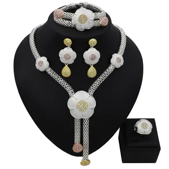 

TSROUND Round Flower Necklace Pendant Dubai Costume Jewelry Indian African Earring Bracelets Ring for Women
