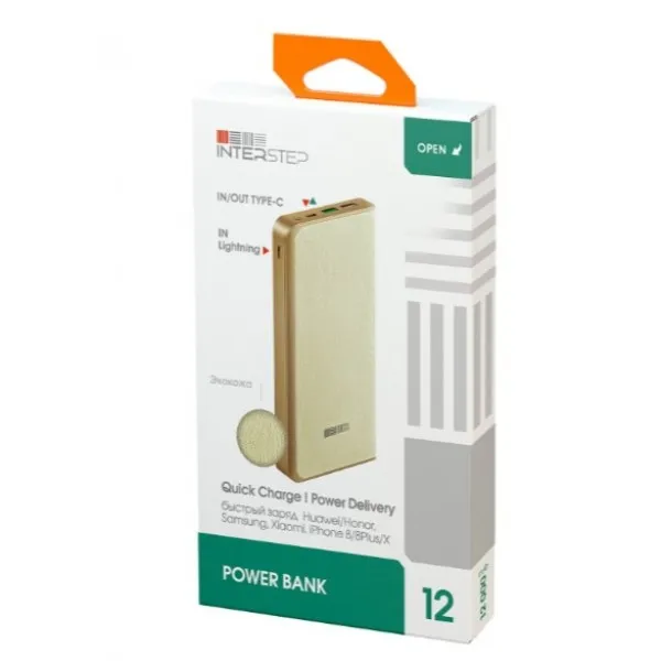 Interstep Внешний акб PB1218PD 12000мАч TypeC QC/PD+ 8pin вход беж