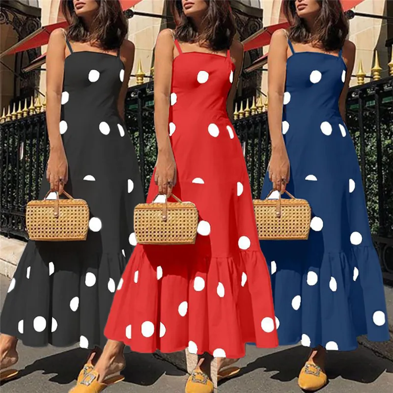 Bobo Women Maxi Long Dress Summer Holiday Dot Print Spaghetti Strap Evening Party Beach Dresses Sundress | Женская одежда