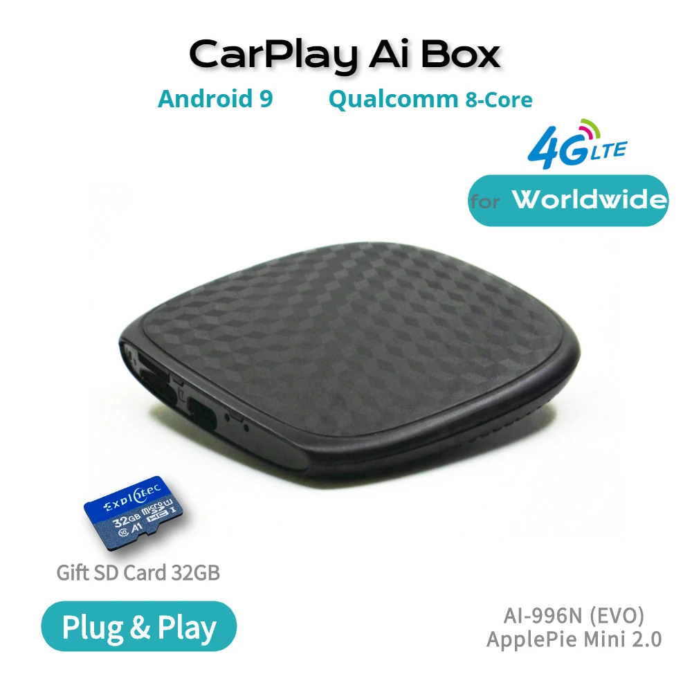 Applepie Mini 2.0 EVO Wireless CarPlay Ai Box US Canada 4G LTE Android 9 SIM Carbon Fiber Qualcomm 8 Core USB TV Youtube Netfix |