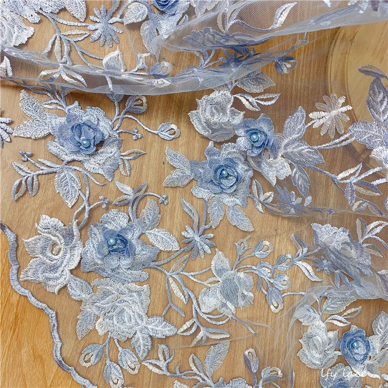 Великолепные 3D бусины Цветок Аппликация синий тюль сетка вышивка Французский Африканский кружевной ткани по двору DIY швейная ткань