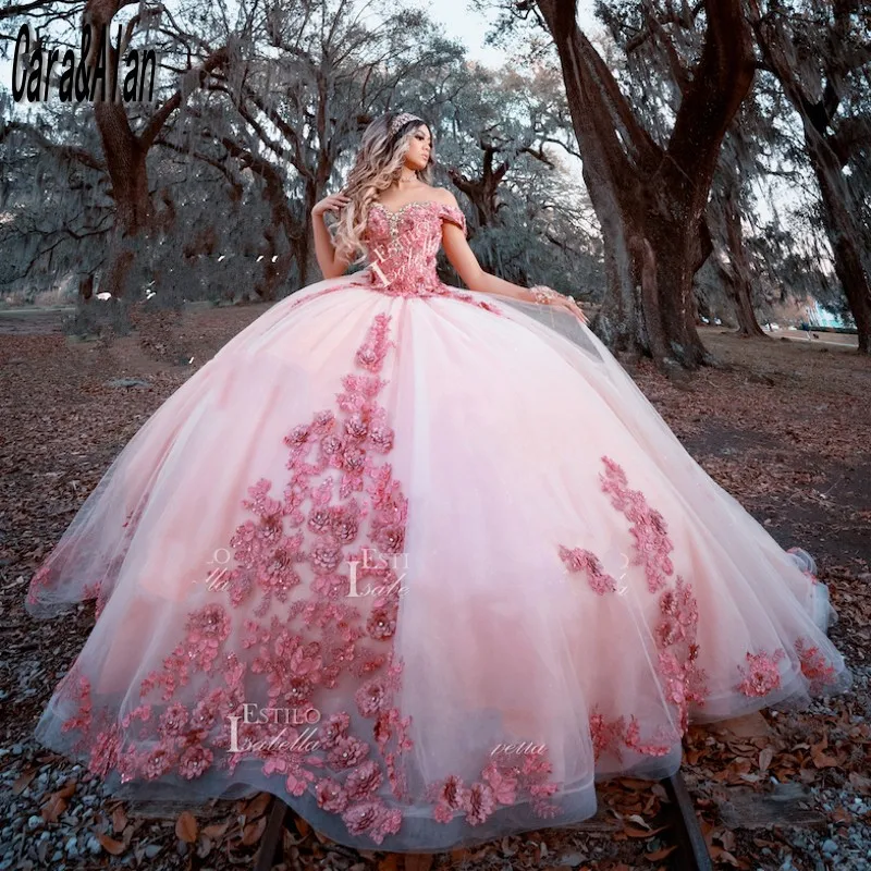 Elegante Vestido Floral De quinceañera, con cuentas De cristal, Charro rosa,  15 Años De hombros descubiertos, 16 vestidos De graduación|Vestidos de  quinceañera| - AliExpress