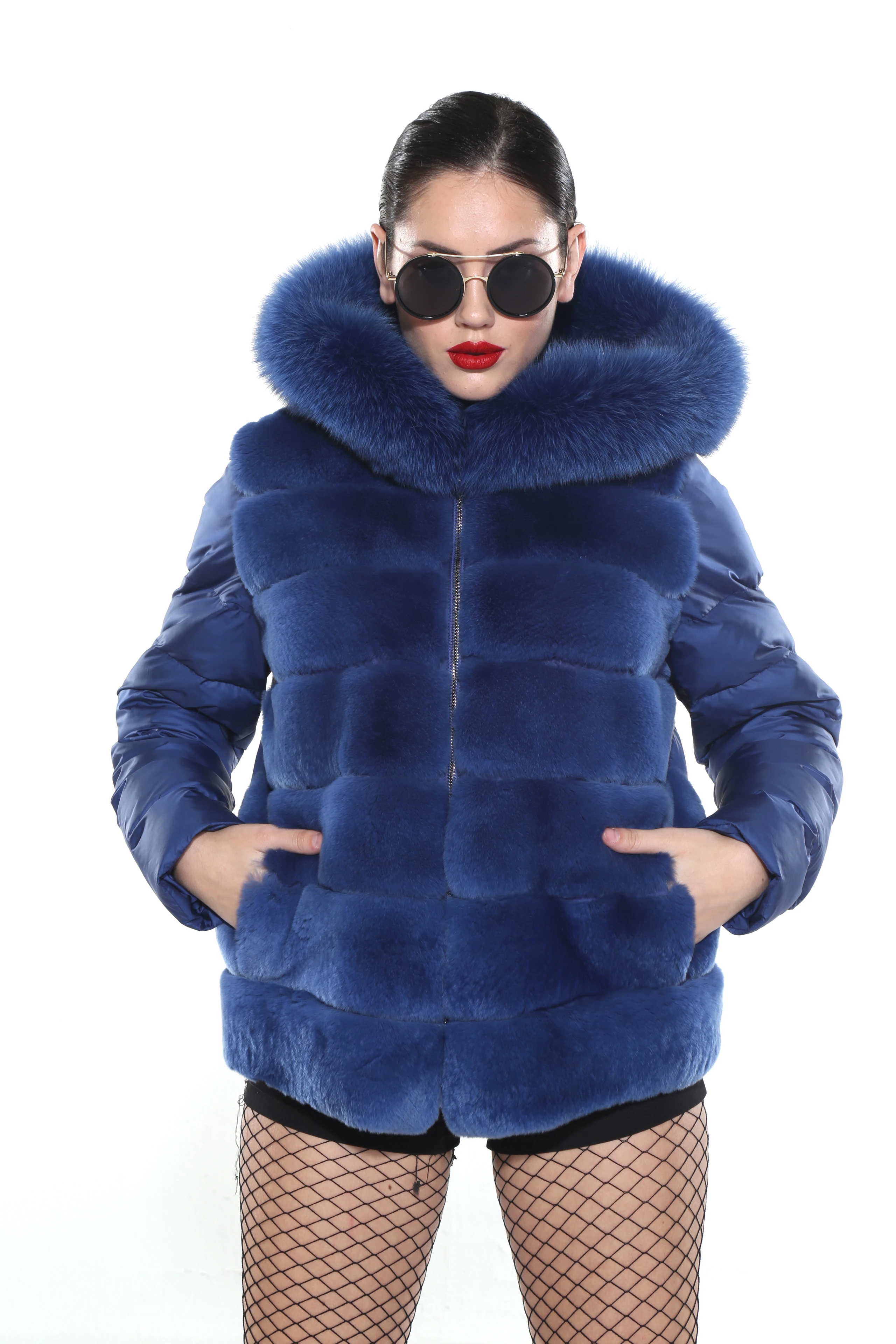 

women blue short fox fur zipper hoodie coat winter seaon