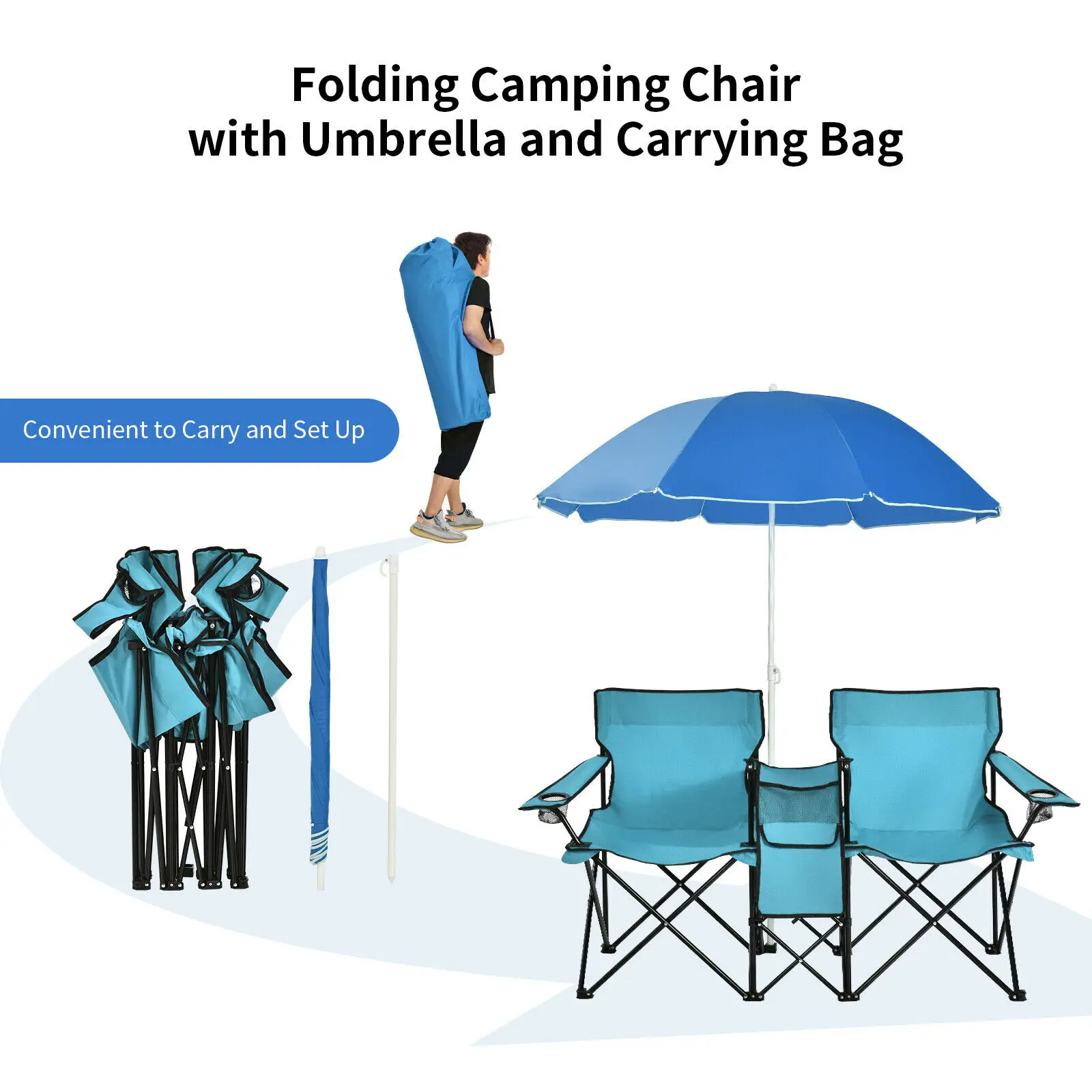 Gymax Folding 2Person Camping Chairs Double Sunshade Chairs With